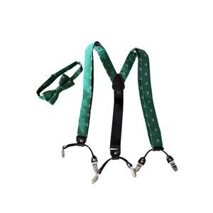 Barry Wang 100% silk bow tie suspenders set green snowflakes holiday hand tailor